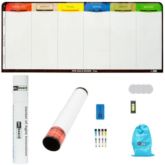 pmxboard 6 column Kanban Board and Scrum Board Flexible Full Magnetic Board, Agile Management Magnetic Flex Board, 4 Whiteboard markers, an easer. Full magnetic board, ultra thin kanban whiteboard