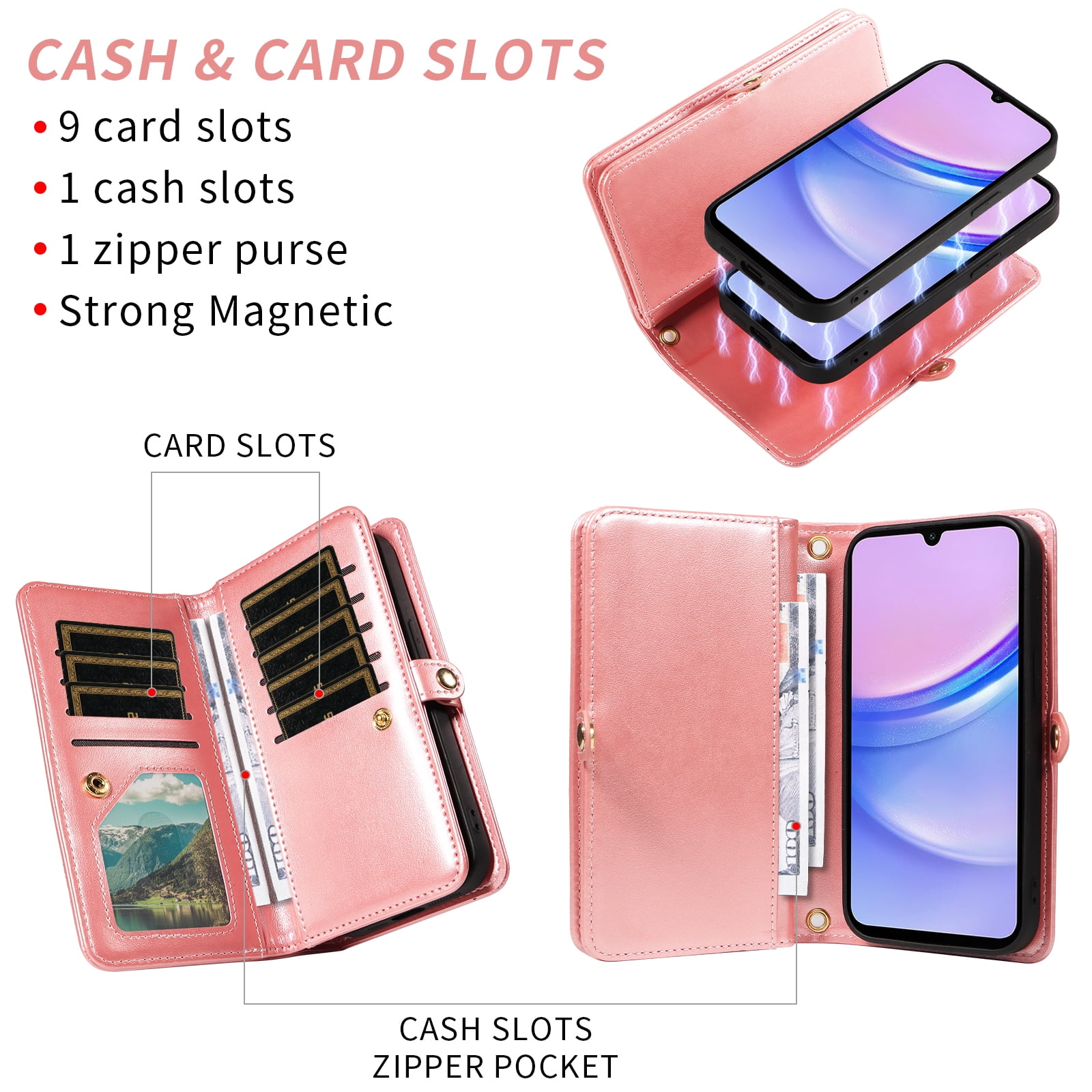 Asuwish Phone Case for Samsung Galaxy A15 5G/4G Zipper Wallet Detachable Cell Cover with Tempered Glass Screen Protector Crossbody Lanyard Strap Flower Flip Card Holder A 15 G5 15A Women Rose Gold