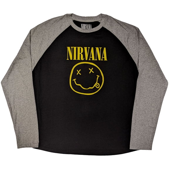 Nirvana Unisex Raglan T-Shirt Yellow Happy Face (Black & Grey)