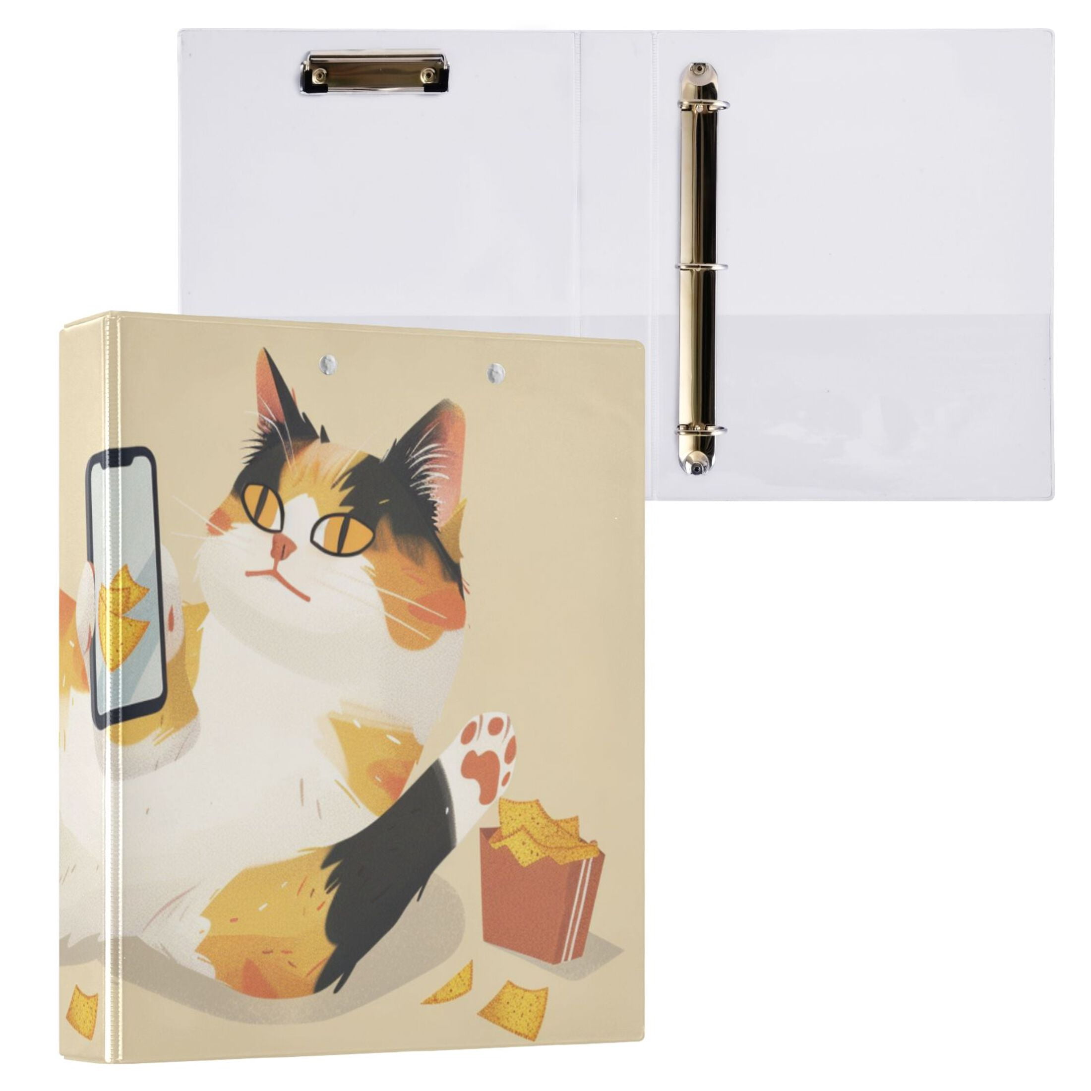 Cat Plays Phone 3 Ring Binders 1.5 inch Hardcover File Folders with Interior Pockets A4 Size Organizer for School Office Hospital