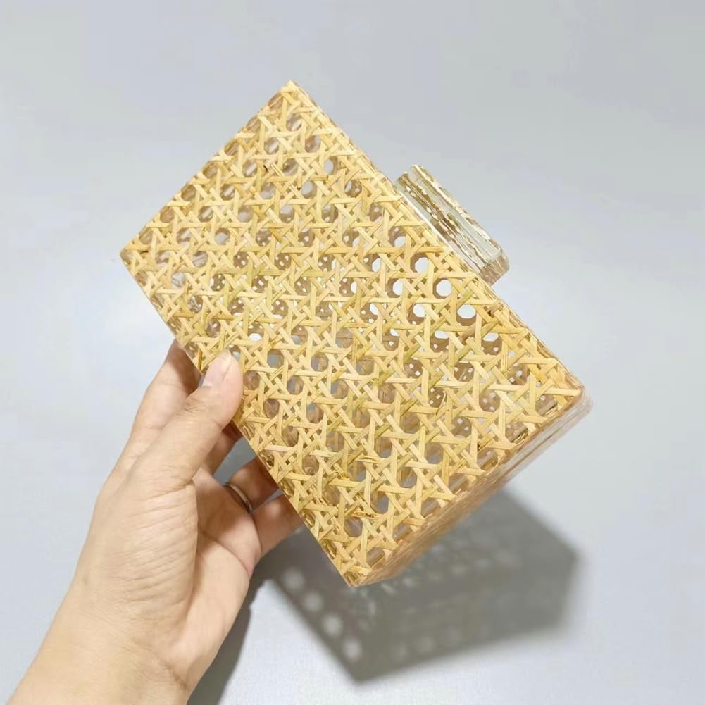 Rattan Clutch Purses Women Summer Straw Beach Bag Woven Rattan Acrylic Evening Bag Crossbody Shoulder Chain Purse