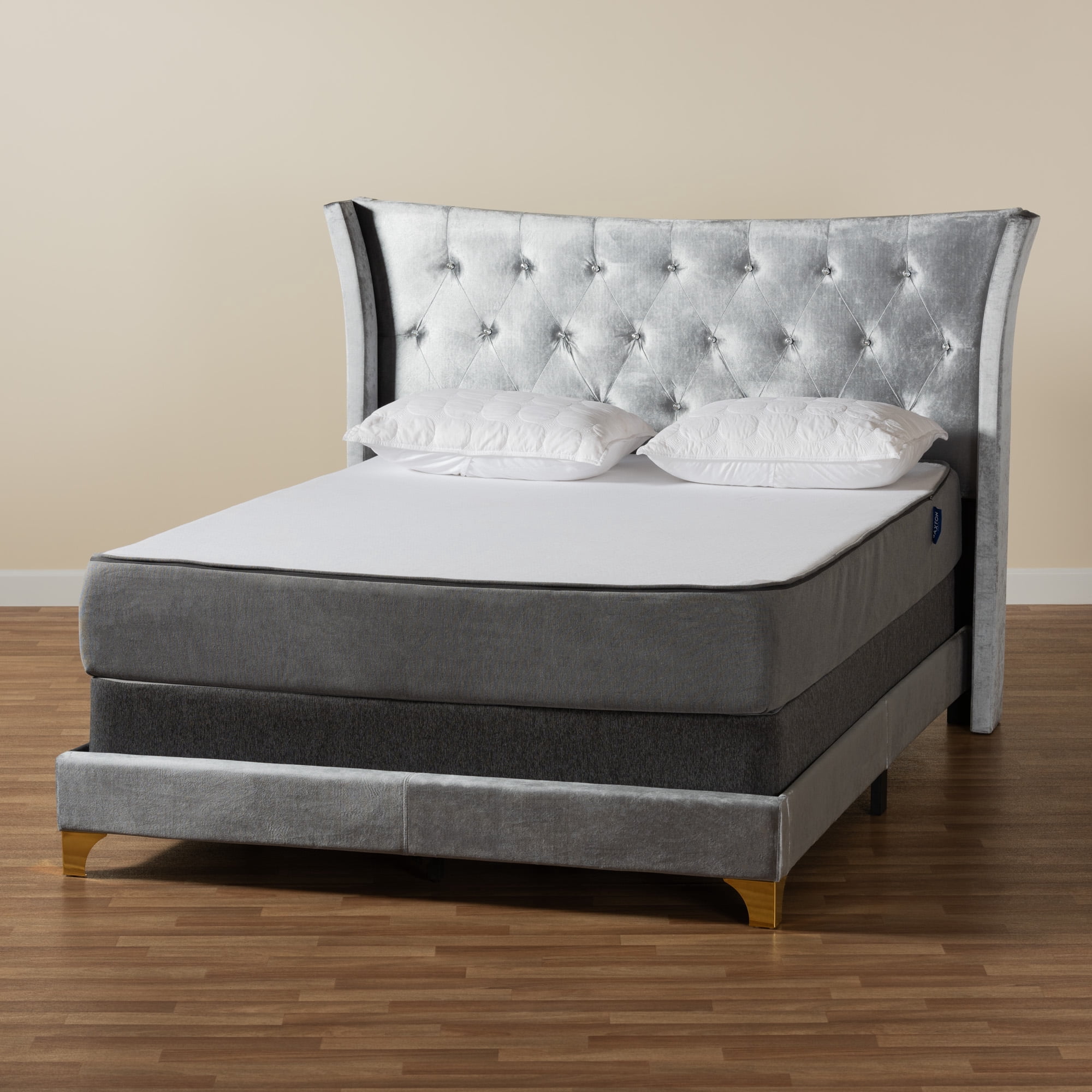 Baxton Studio Easton Contemporary Glam and Luxe Grey Velvet and Gold Metal Queen Size Panel Bed
