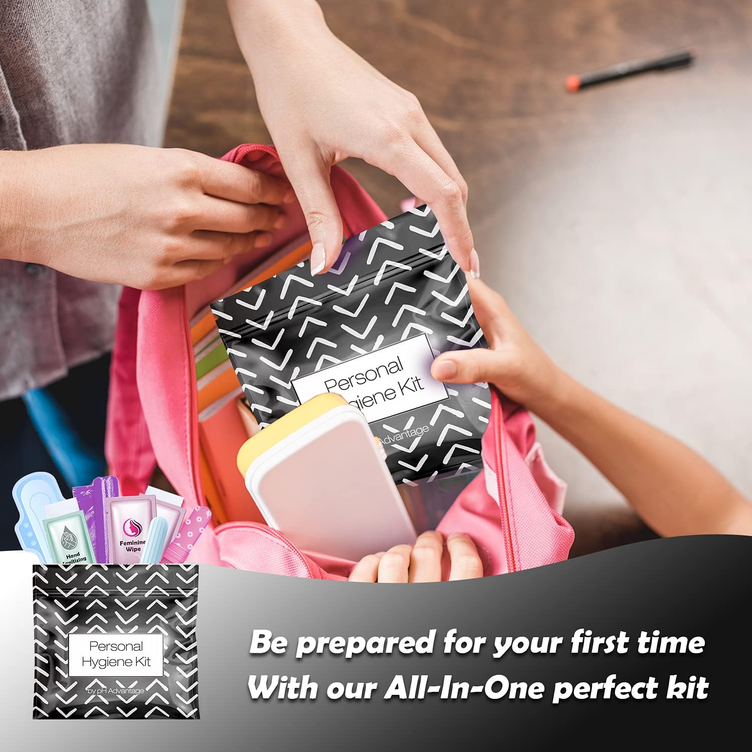 Black Treads Style Menstrual Kit All-in-One 100 Pack | Convenience on The Go | Period Kit Pack for Travelling or just When You’re Out | Individually Wrapped Feminine Hygiene Products