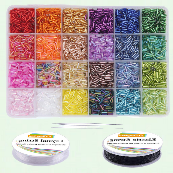 9600pcs Bugle Glass Beads Kit, DIY Seed Beads for Necklaces Bracelet (7mm, 400 per Color, 24 Colors)