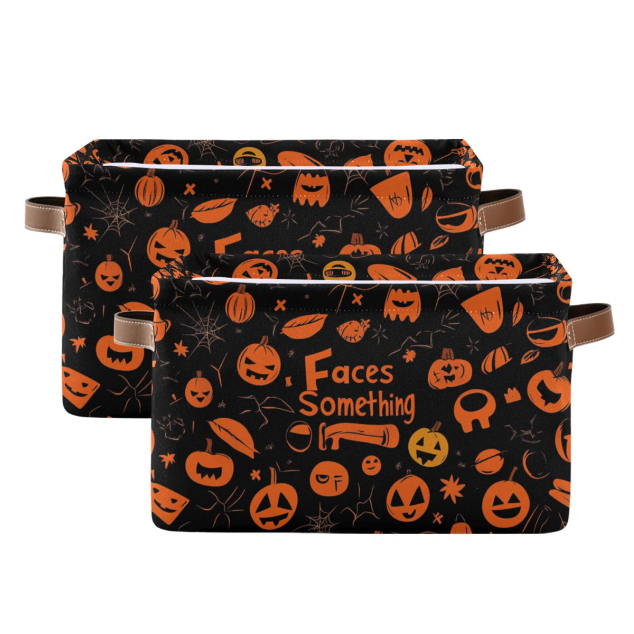 WOBOGO Pattern Of Black and Orange Halloween Symbols Square Storage Basket with Waterproof Canvas and PE Lining Durable PU Leather Handles 14.2×10.2×8.3in
