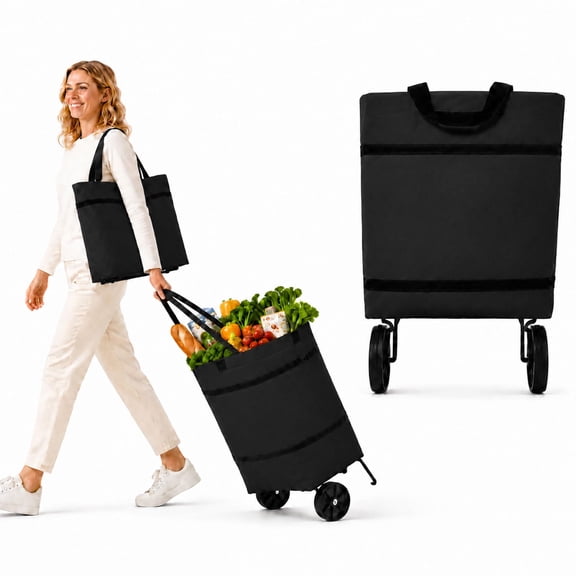 2-in-1 Foldable Shopping Cart, Rolling Bag with Wheels, Waterproof Collapsible Grocery Cart for Shopping, Laundry and Travel