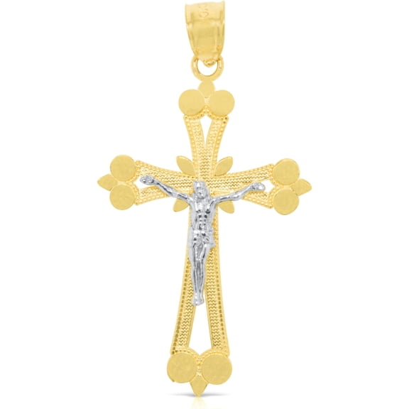 Floreo 10k Yellow Gold Art Deco Crucifix of Jesus Cross Religious Pendant