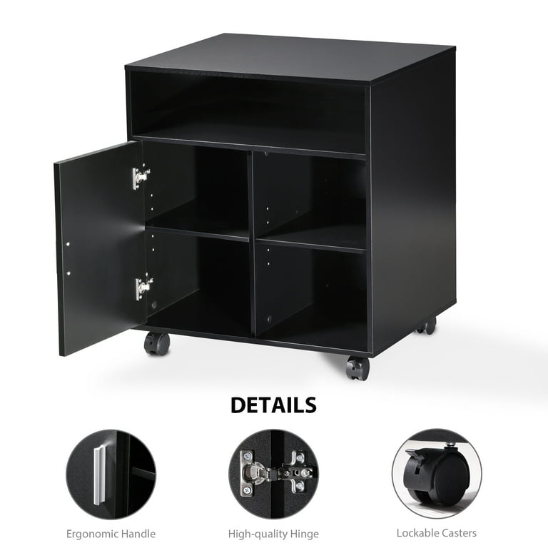 FITUEYES Large Printer Stand Black Mobile Printer Cabinet with Adjustable Shelf Wood Work Cart with Wheels for Home Office