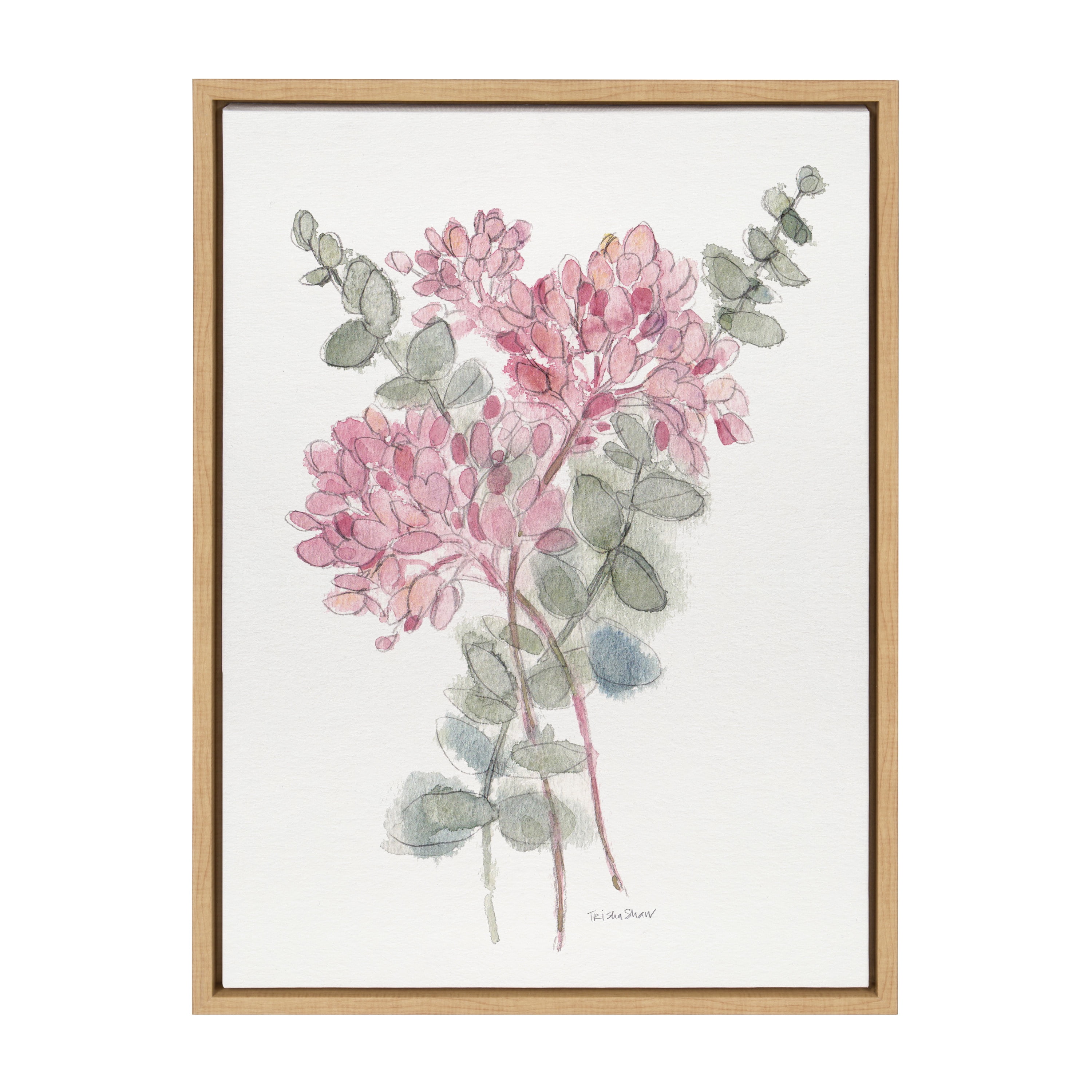 Woven Paths Sylvie Soft Pinkheart Florals and Eucalyptus Framed Canvas Wall Art by Patricia Shaw, 18x24 Natural, Minimalist Botanical Wall Décor