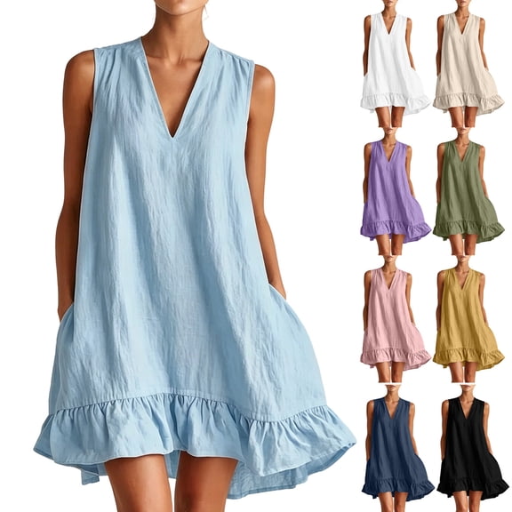 Jovrlynd Cotton Linen Dresses for Women 2026 Summer Boho Pockets Sleeveless V Neck Flowy Ruffle Mini Beach Sundress, S-2XL