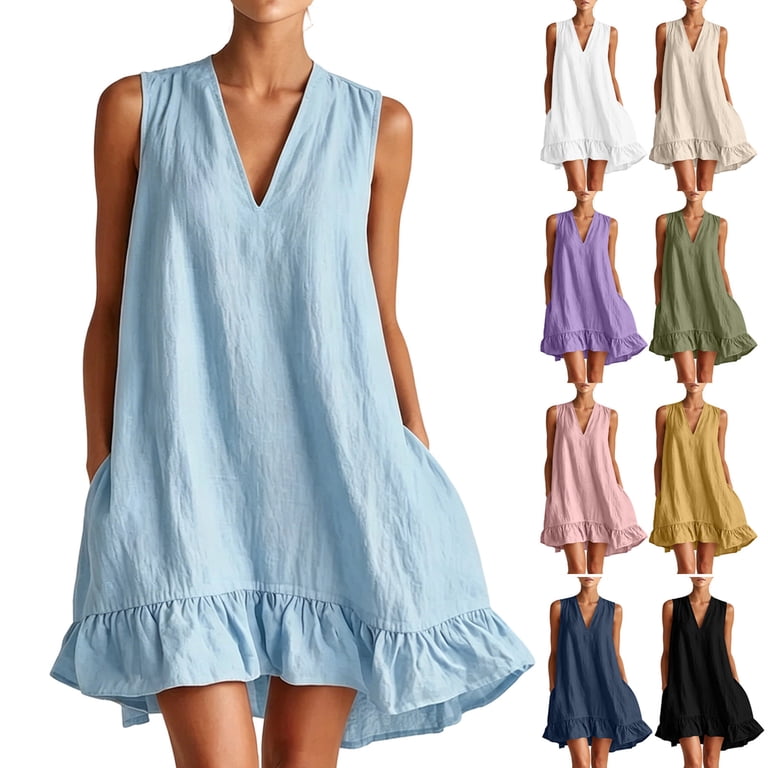 Ruffle Hem Linen Mini Dress for Women Summer Loose V Neck