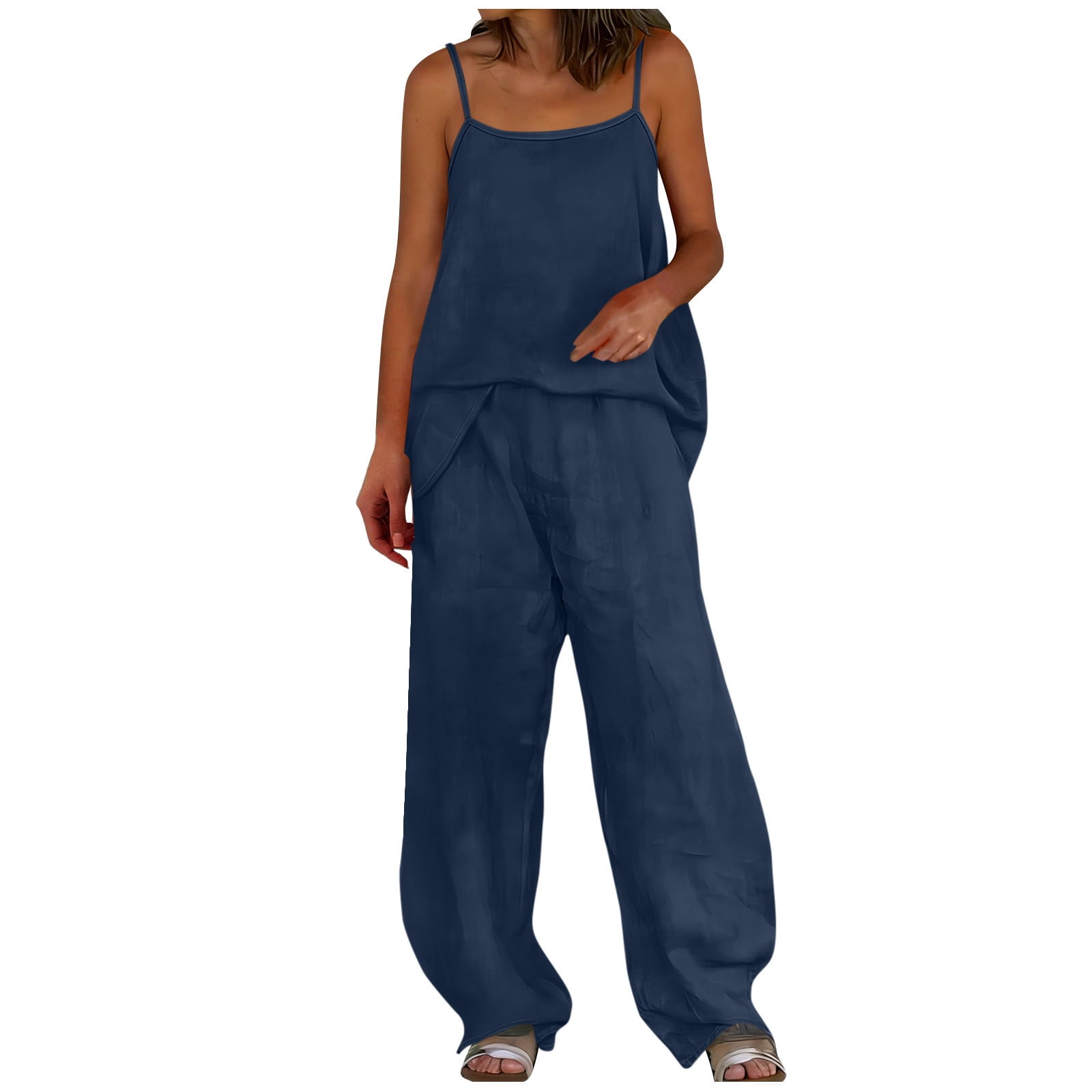 successthop Travel Outfits for Women 2 Piece Sets Linen Spaghetti Strap Top and Summer Matching Vacation Outfits Navy M