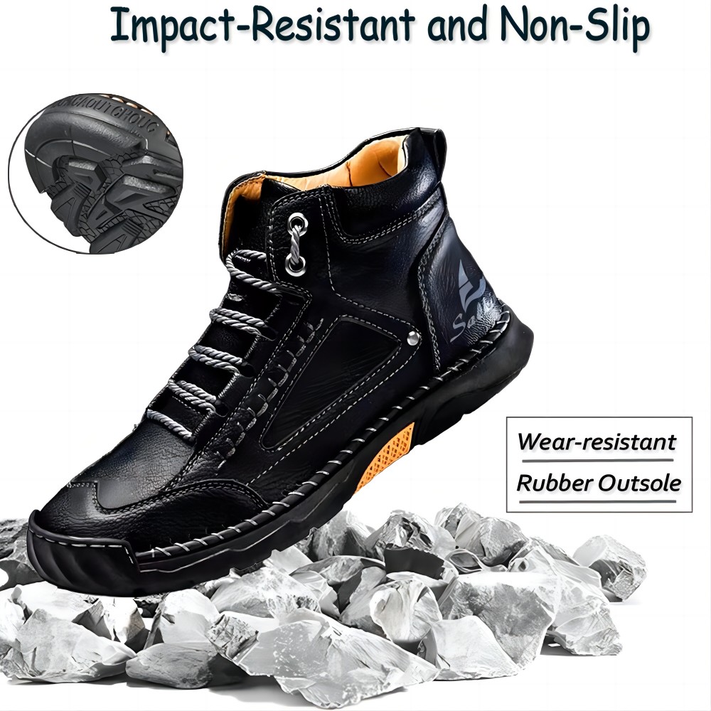 Men's Casual Leather Boots Handmade Lightweight Breathable Anti-slip Impact-resistant Sneakers Chukka Hiking Loafers Shoes Black 7.5 US