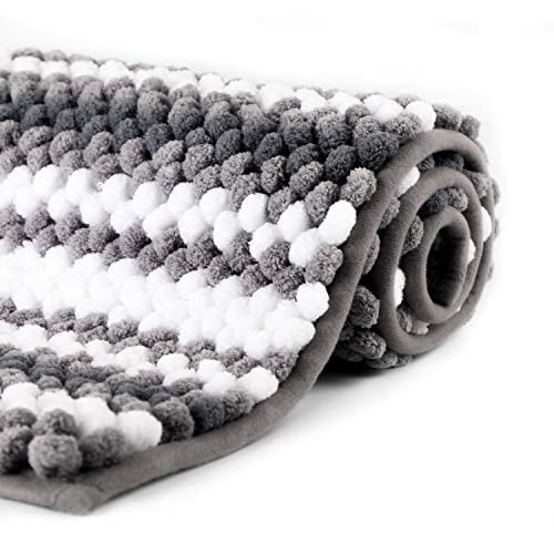 WELTRXE Chenille Striped Bath Rug NonSlip Grey and White Bathroom Rug Mat, 32x 20, Extra Soft