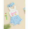 thumbnail image 3 of Bslissey Baby Girls Shorts Sets Letter Print Frills Sleeveless Sling Romper + Candy Bar Print Shorts + Headband 3M 6M 12M 18M Newborn Infant Cute Summer 3Pcs Outfits, 3 of 8
