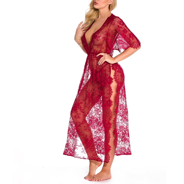 Conjunto de lencería Babydoll Dress Lace Porno Vestido largo Pijama Mujer Ropa de dormir Tmvgtek para mujer Rojo T L
