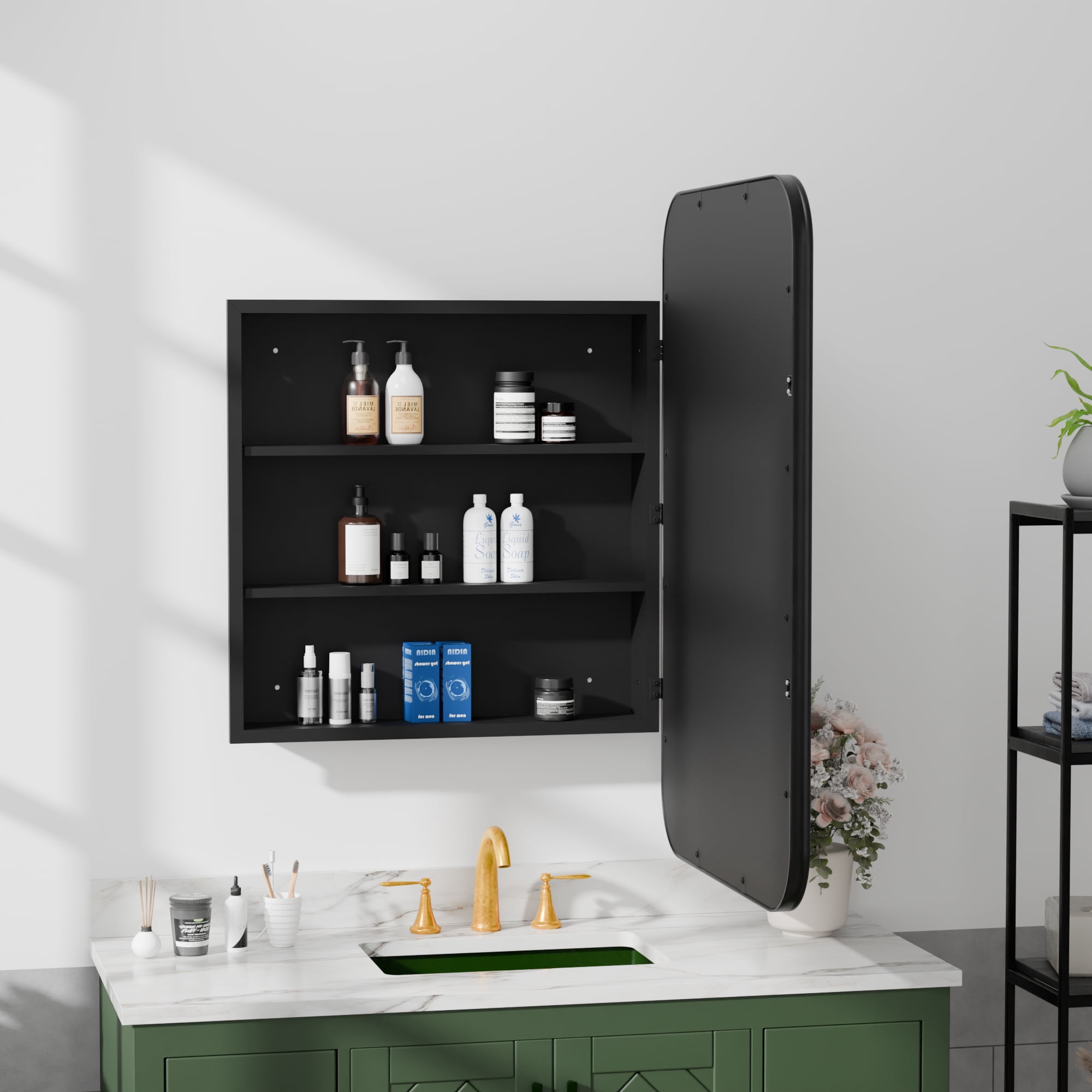 MAYEERTY 35x24x5 Inch Black Metal 3-Ring Round Corner Rectangular Medicine Cabinet for Bathroom