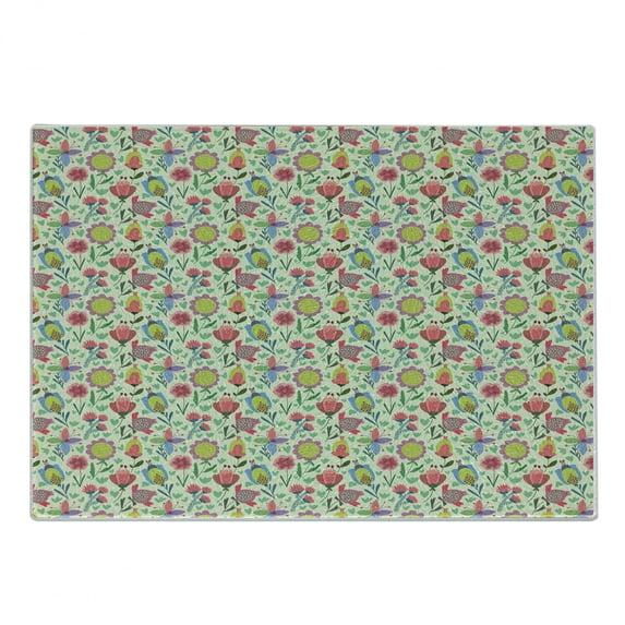 Dutch Cutting Board, Floral Arrangement with Colorful Doodle Blooming Tulips on Pale Green Background, Decorative Tempered Glass Cutting and Serving Board, Small Size, Multicolor, by Ambesonne