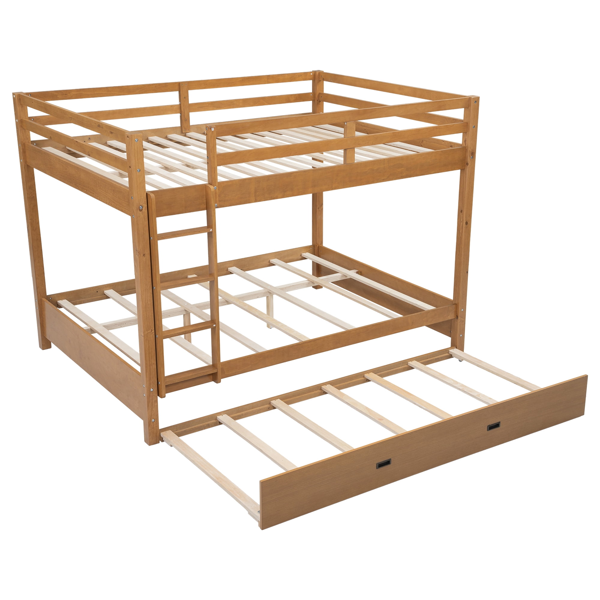 EUROCO Queen over Queen Size Bunk Bed with Trundle for Kids Teens Adults, Wood Color