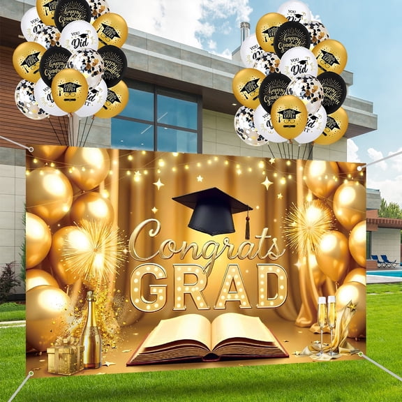 Congratulations Banner Congrats Grad Banner Backdrop Balloons Class of 2025 Gold Graduation Decoration Party Favor Supplies Design 1