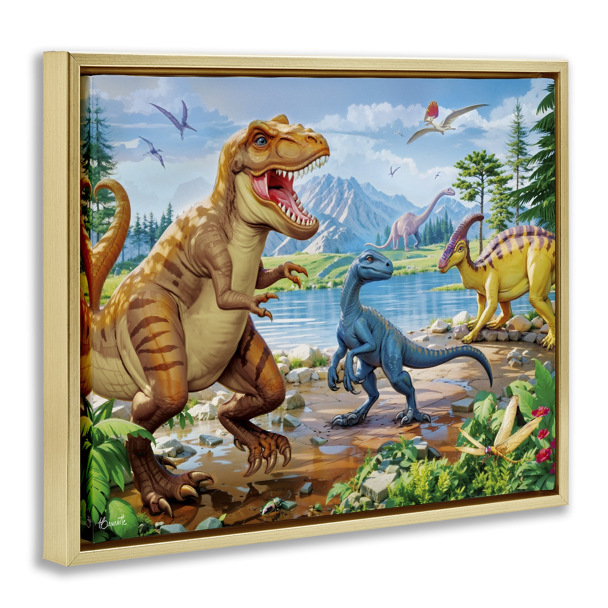 Stupell Industries Lush Jurassic Lakeside Gold Framed Floater Canvas Wall Art, design by Henriette Chinaglia
