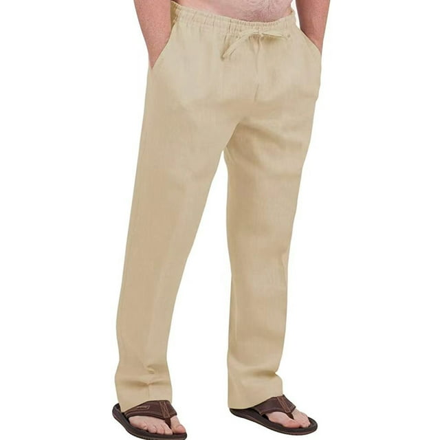 Innerwin Pants Elastic Waist Men Trousers Beach Drawstring Lightweight Long Pant Khaki M