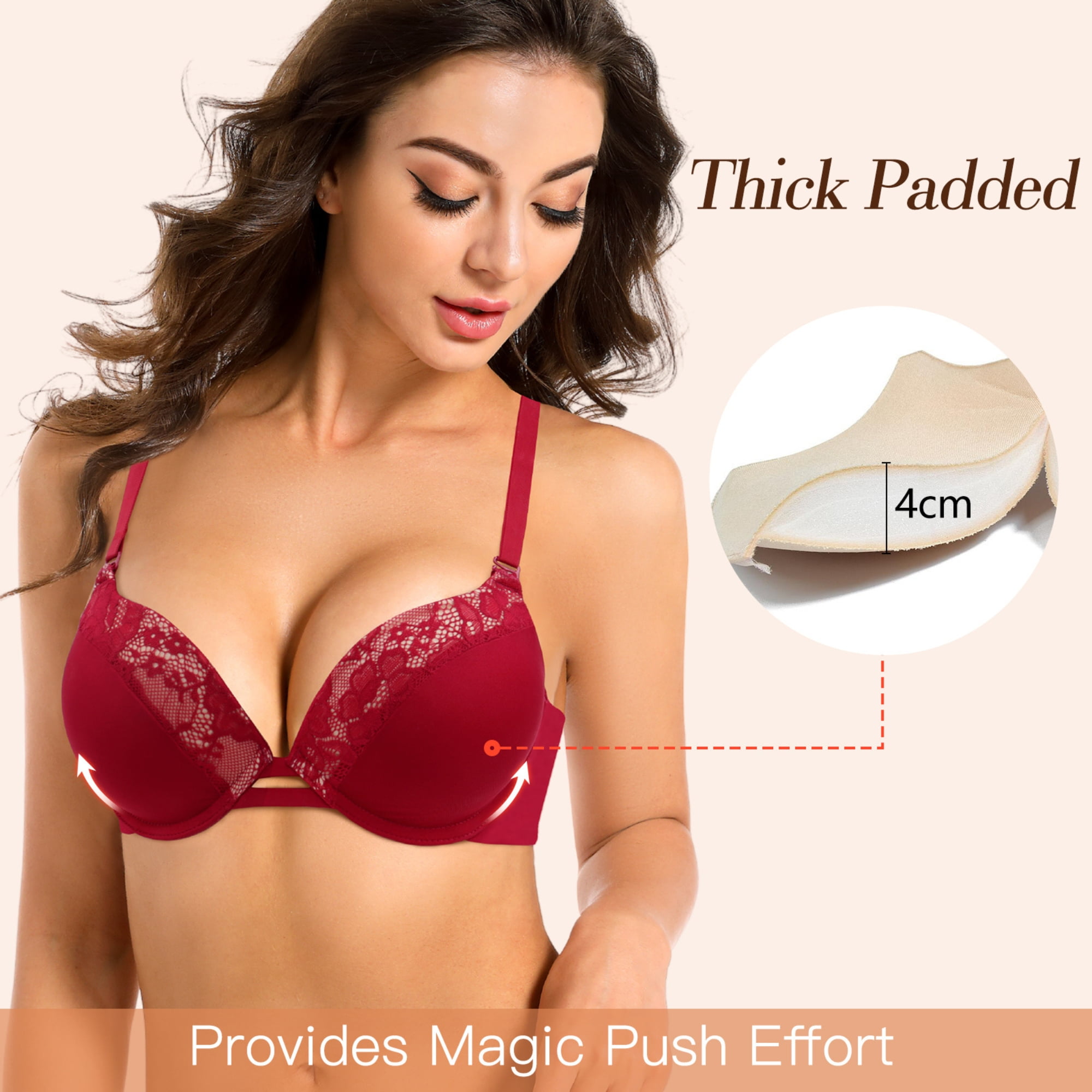 YANDW Push-up Padded Bras for Women Plunged Underwire Support Bra Add One Cups, Red 34D