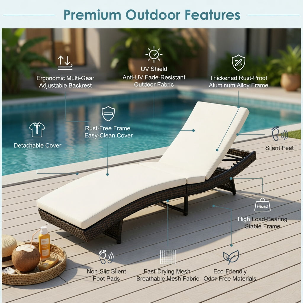 Hommoo Folding Patio Chaise Lounge Chair with 5-Position Adjustable Backrest, Thick Washable Cushion, PE Rattan Design, White