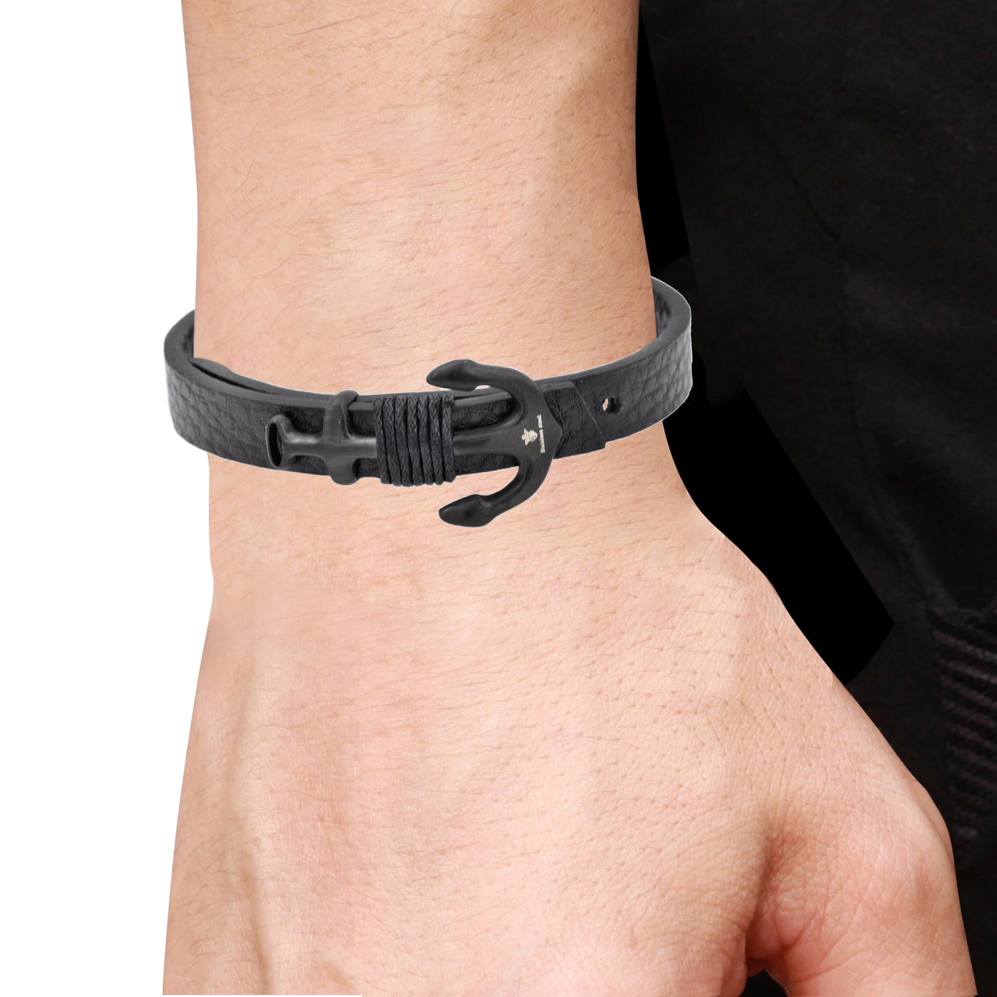 Arista Men's Anchor Bracelet with Adjustable Strap in Black Leather Black Plated Stainless Steel, 8.5"
