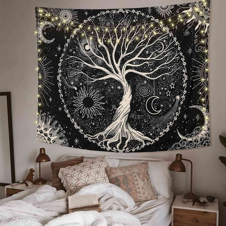 Tree Tapestry Moon and Black Wall Hanging Tapestry Psychedelic Mandala Starry Tapestry Hippie Tapestry
