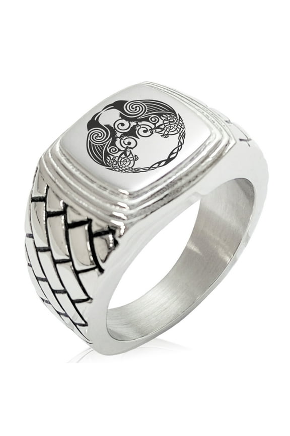 Stainless Steel Yggdrasil Huginn & Muninn Odin's Ravens Geometric Pattern Step-Down Biker Style Polished Ring