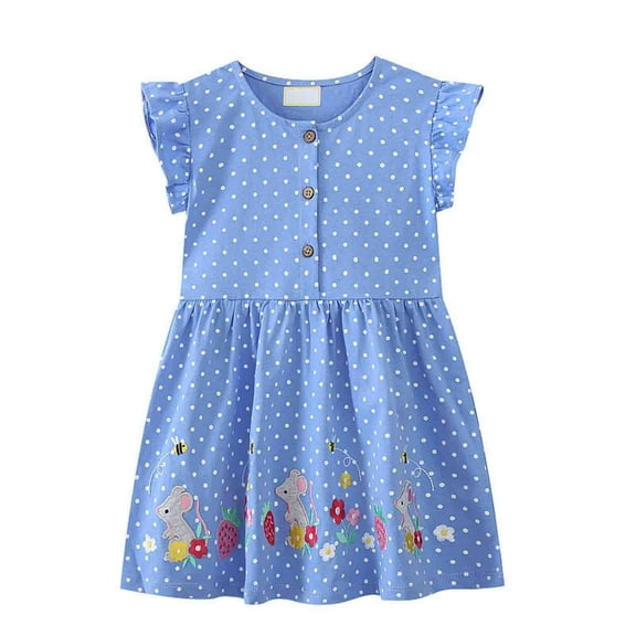 MEZZALL Toddler Girl Short Sleeve Easter Dress Sundress Cotton Casual Flower Cartoon Playwear Applique Dresses, Sky Blue, 1-2 Years