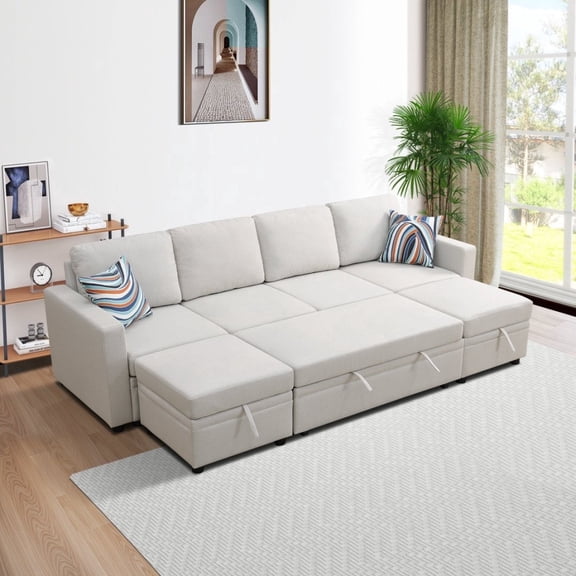 Off-White Sackcloth 6-Piece Living Room Sofa Bed