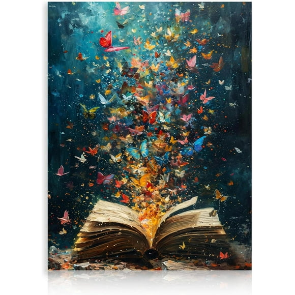 Coloured Butterfly Canvas Pictures, Vintage Book Butterfly Aesthetics Wall Pictures for Library, Reading Room, Bedroom Decoration, 12x16 inch Unframed
