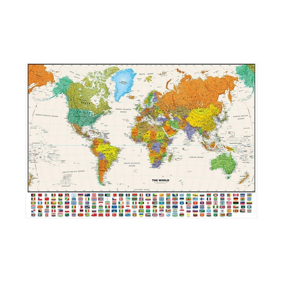 WCIC Affiche d'Art de Carte du Monde Vintage 150 * 100cm avec Décoration Murale Drapeaux de Pays