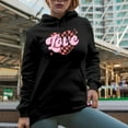 thumbnail image 2 of Love Is All You Need, Retro Checkerboard Heart Art, Valentine's Day Merch Gift, Black Hooded Sweatshirt or Hoodie, Small, 2 of 5