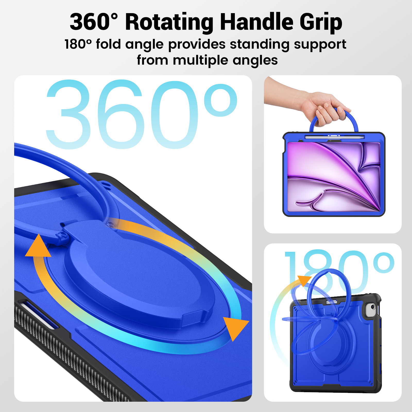 Shockproof Case for Apple iPad Air 13 Inch 2024 M2, Rugged Hybrid Protective Cover with Pencil Holder & Shoulder Strap Kids Friendly Rotating Kickstand Case for iPad Air 13" 2024, Darkblue