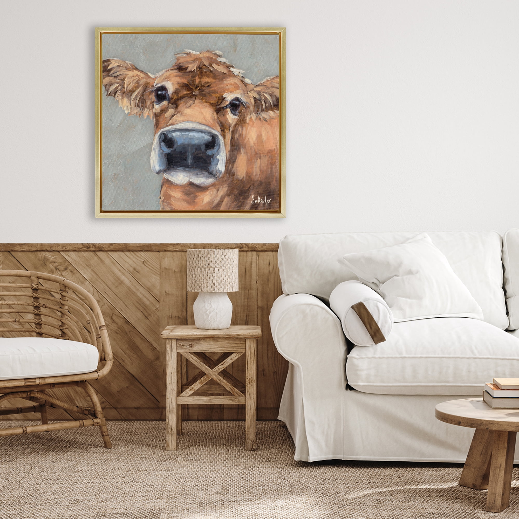 Stupell Industries Freckles The Cow Portrait Gold Framed Floater Canvas Wall Art, design by Sara G. Designs