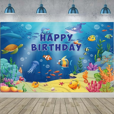 Image of Underwater World Birthday Backdrop – Dive into a Dolphin-Themed Party with Marine Animals Sea Turtles and Coral Reef Background – Perfect for Ocean Birthday Decorations and Dolphin Party Celebration
