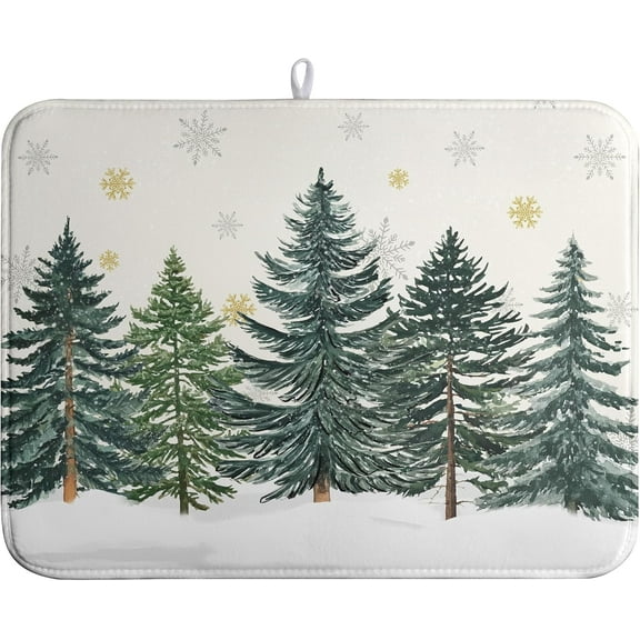 Winter Forest Dish Drying Mat Winter Snowflake Large Kitchen Mats Dish Drying Pad Christmas Tree Absorbent Dish Dryer Mat for Kitchen Countertops Microfiber Drainer Pad Dish Drying Mats (18x24 in)