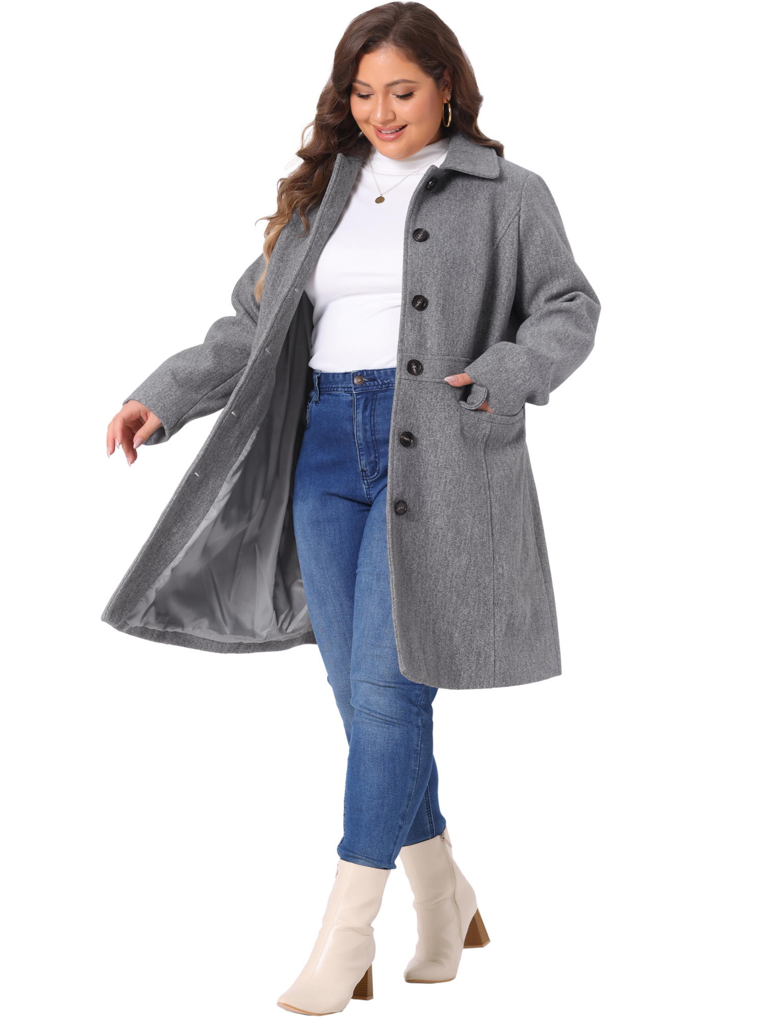 DARING DIVA Women's Plus Size Peter Pan Collar Single Breasted Coat 3X Gray