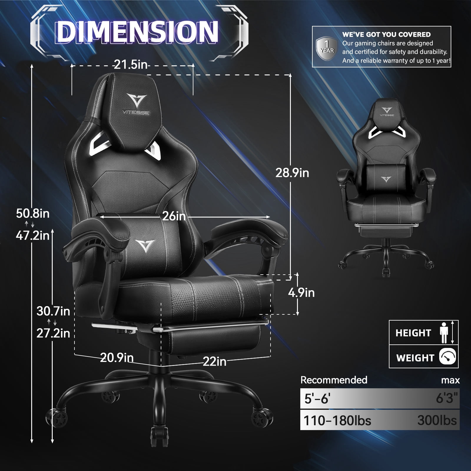 Waleaf Gaming Chair Ergonomic Office Chair with Footrest and Lumbar Support, Height Adjustable High Back Gamer Chair with Headrest for Adult