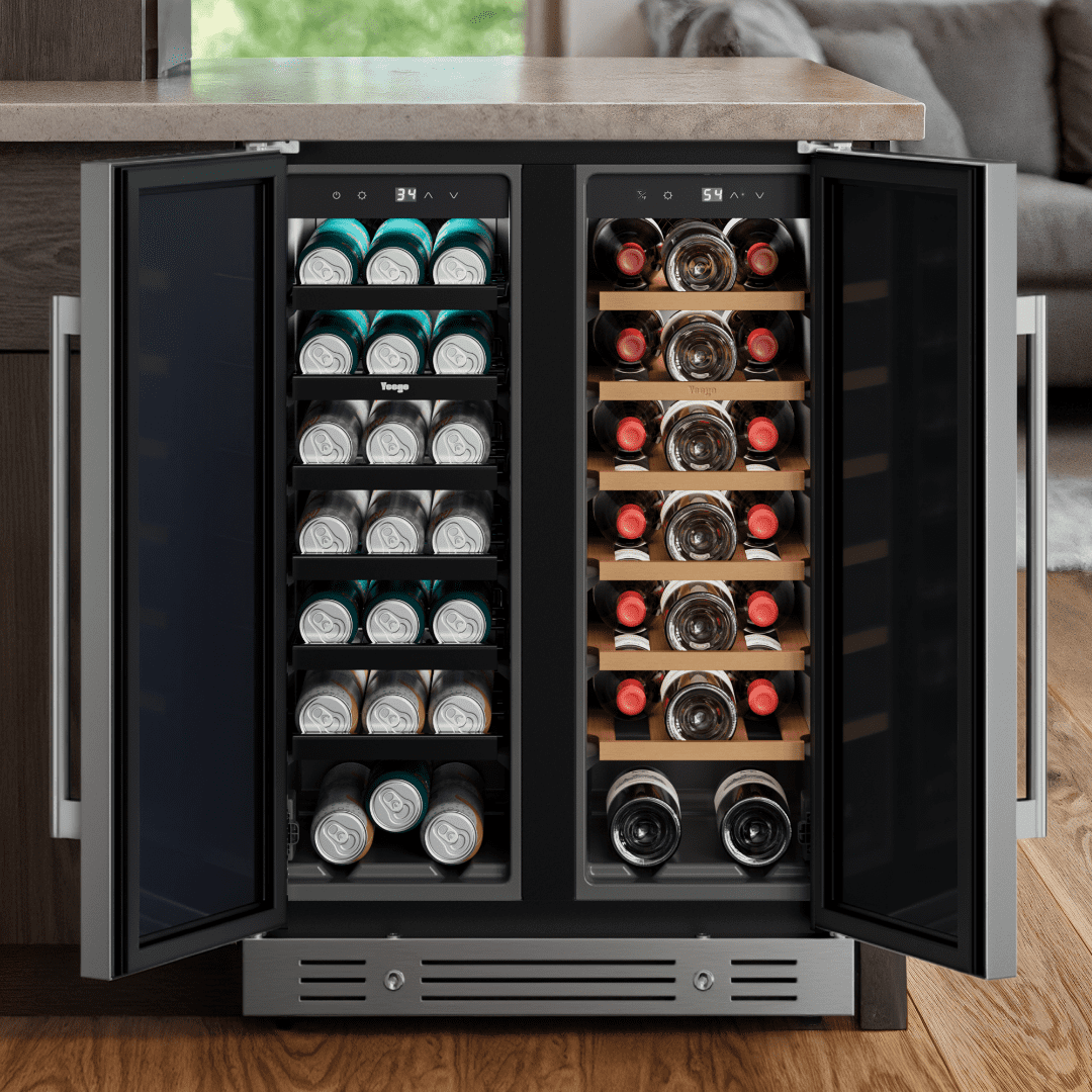 Yeego 24" Built-in Beverage Cooler, Dual Zone 116L/4.1Cuft, 20 Bottles & 60 Cans, Outdoor Rated 304 Stainless Steel Refrigerator with Adjustable Shelves, Lock, 34-65℉, for Home/Bar/Patio