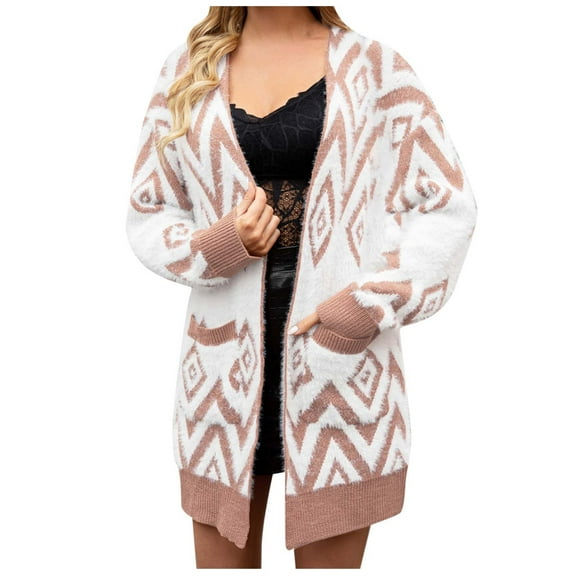 IROINNID Women's Cardigan Open Front Jacket Graphic Prints Long Sleeve Casual Sweater Coat Top Cardigan Loose Hollow Out Coat, Pink