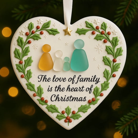Rvkxad Sea Glass Family Heart Ornament, Handmade Christmas Tree Hanging Decor with Keepsake, Family Memorial Decor