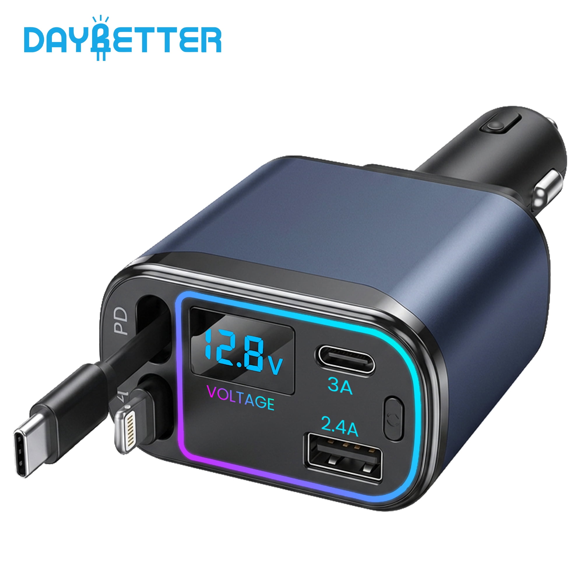 DAYBETTER 4-in-1 Car Charger with Light & Screen Display, Fast Charging with USB-C & A for iPhone, Galaxy, Samsung, Car Accessories for Mother’s Day gifts