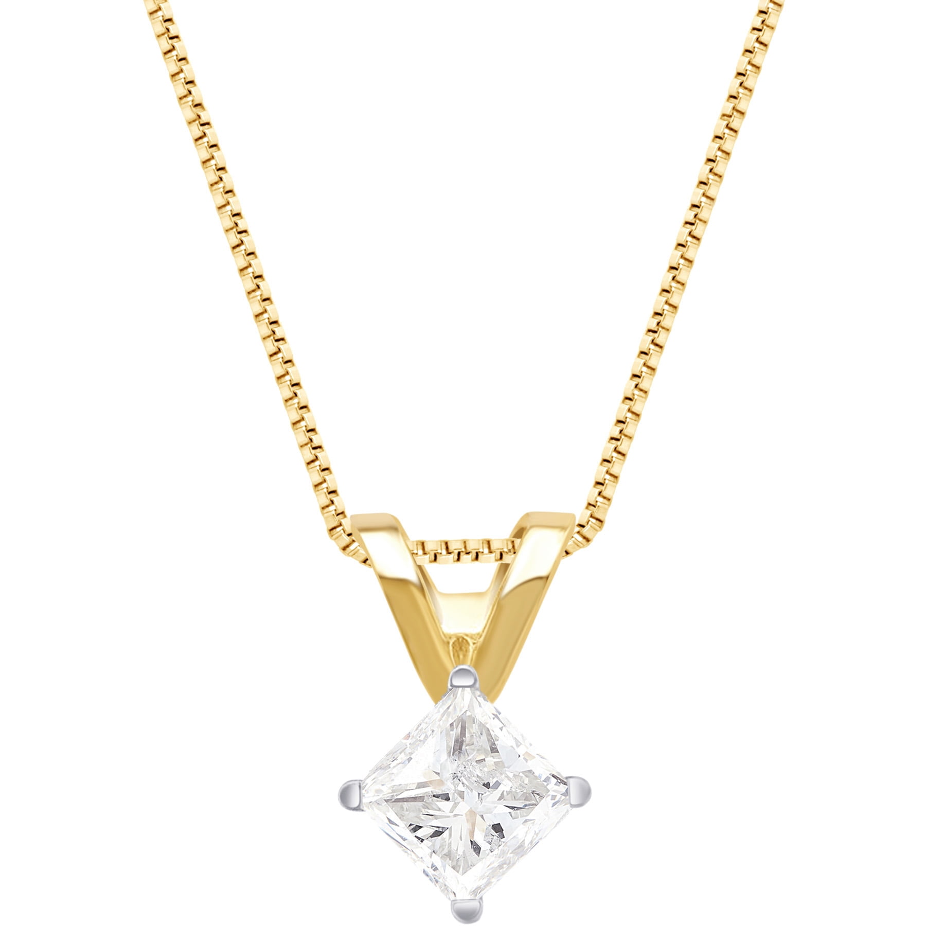 2Ct Princess Solitaire Simulated Diamond Pendant Necklace 14K Yellow Gold Finish