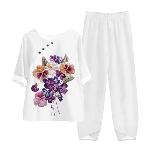 WILLBEST Pantalons pour Femmes et Lin Imprimé Fleur d'Almerz Décontracté Col Rond Manches Mi-Longues Pantalons Boutonnés Ensemble Deux Pièces Pantalons Softstream Femme