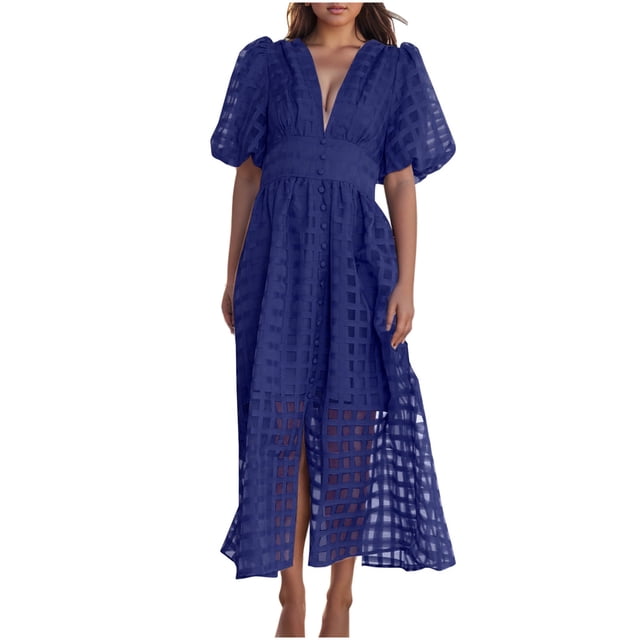 Mikilon Robes d'Été pour Femmes Ensemble Jupe Aguichant Lanterne Manches Courtes Robe à Carreaux Aguichant Col en V Profond Robes Mode Décontractée Taille Haute Robe de Soirée Unie avec Fente Bleu-A TP