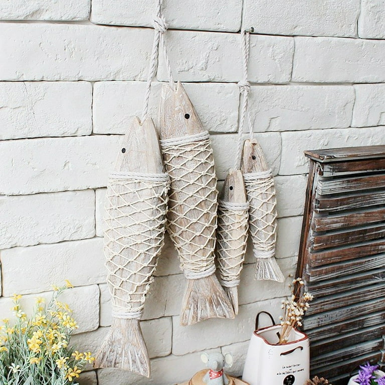 2pcs Vintage Wooden Fish Hanging Carved Fishing Net Decor Hand